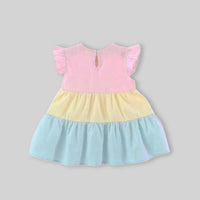 Girls Multicolor Flutter Sleeves Tiered Dress With Floral Sling Bag Casual Dresses