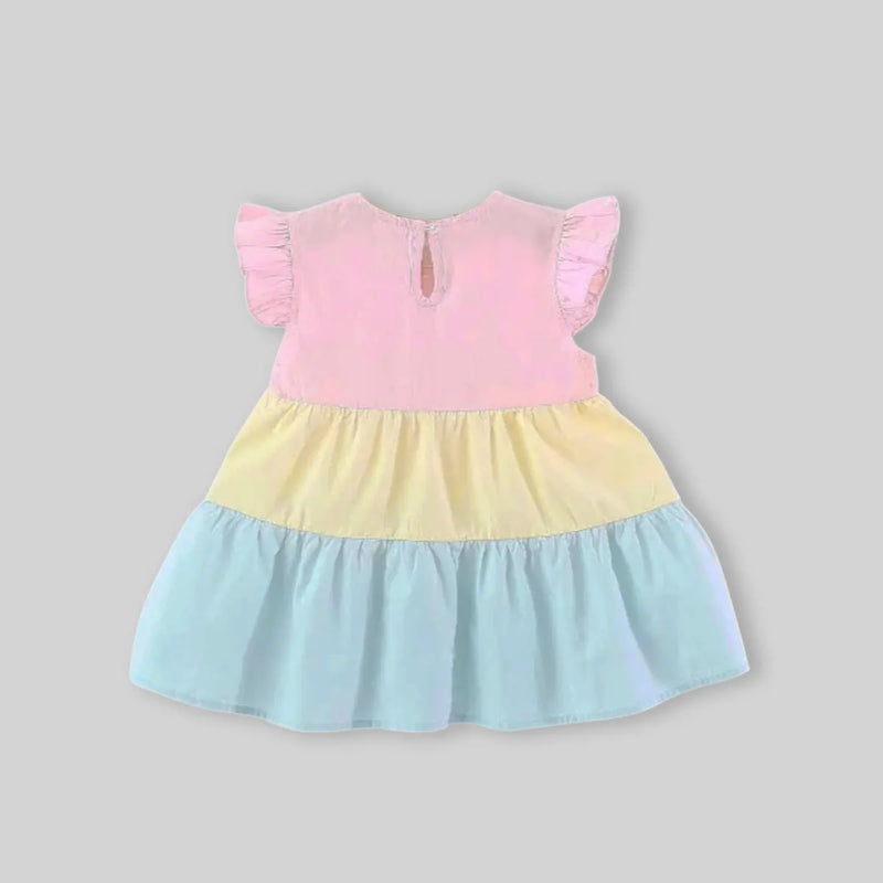 Girls Multicolor Flutter Sleeves Tiered Dress With Floral Sling Bag Casual Dresses