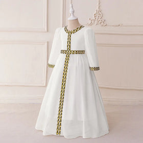 Girls White Long Sleeves Maxi Dress With Ethnic Motifs Trims Casual Dresses
