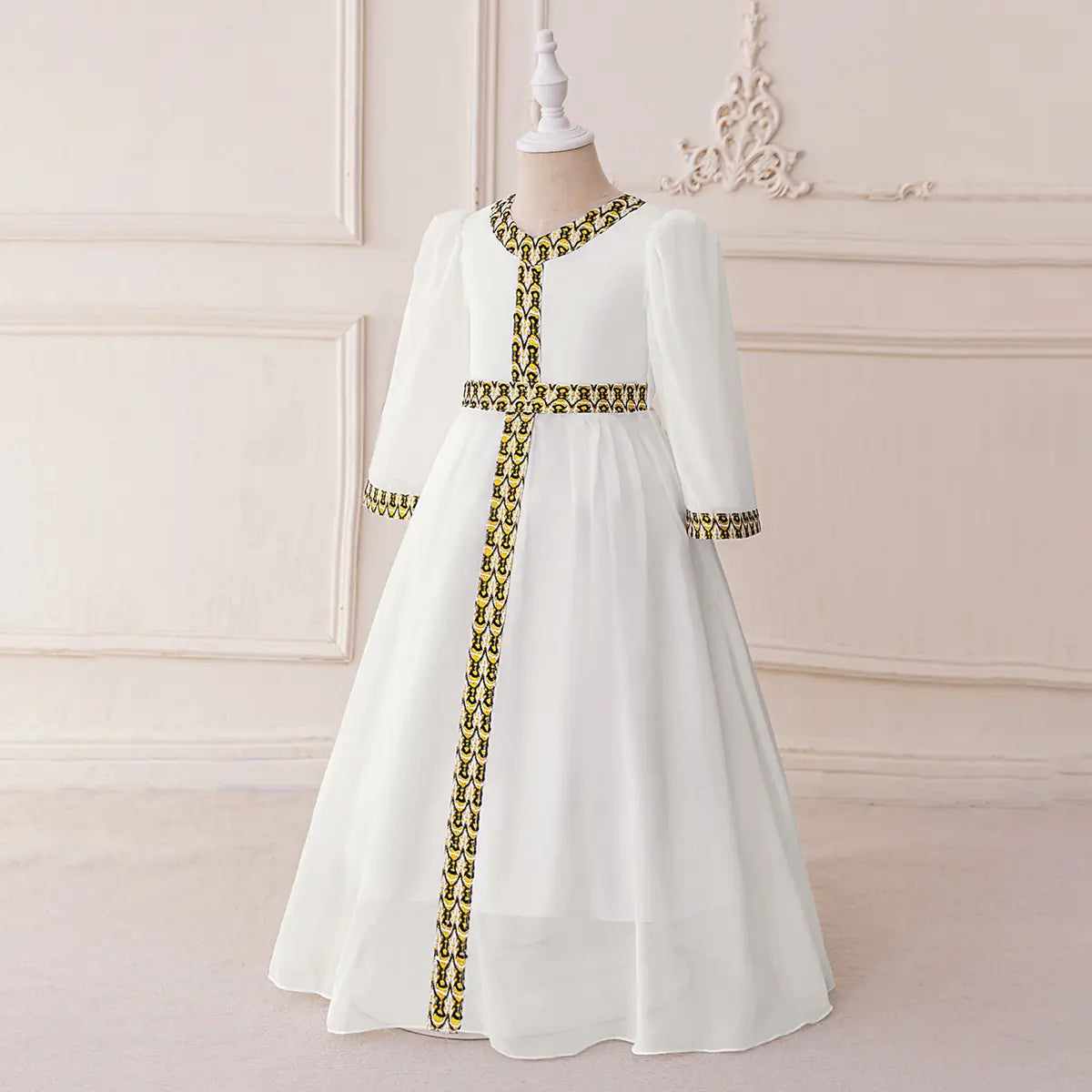 Girls White Long Sleeves Maxi Dress With Ethnic Motifs Trims Casual Dresses