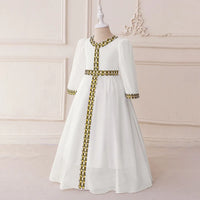 Girls White Long Sleeves Maxi Dress With Ethnic Motifs Trims Casual Dresses