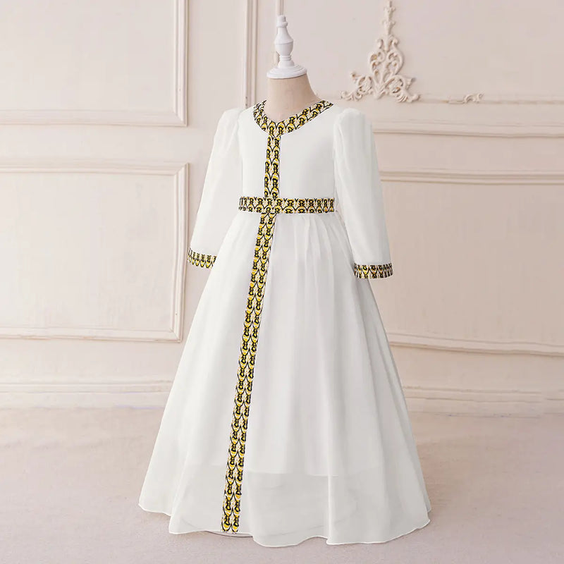 Girls White Long Sleeves Maxi Dress With Ethnic Motifs Trims Casual Dresses