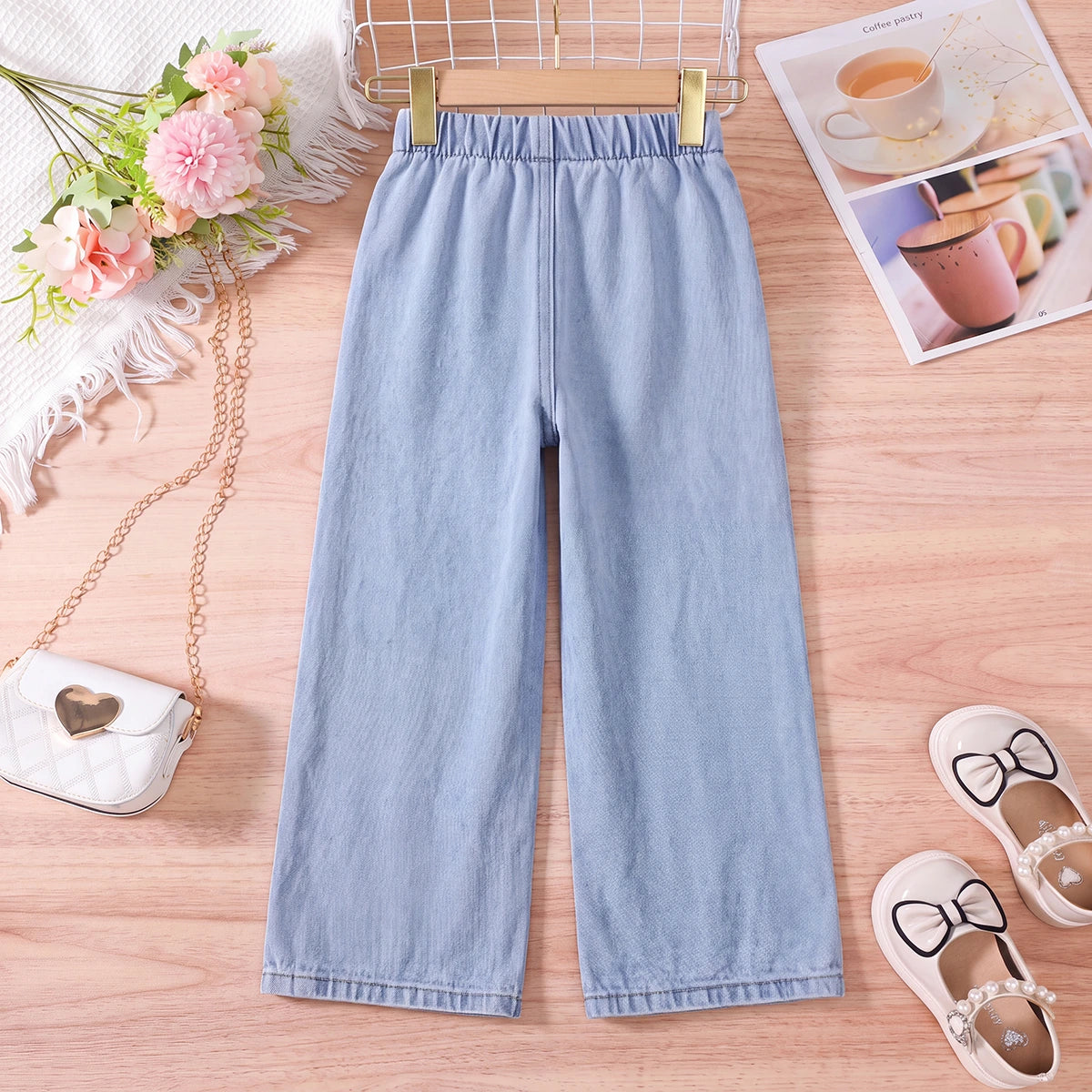 Girls Light Blue Floral Embroidered Relaxed Fit Denim Jeans Pants