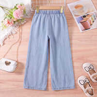 Girls Light Blue Floral Embroidered Relaxed Fit Denim Jeans Pants