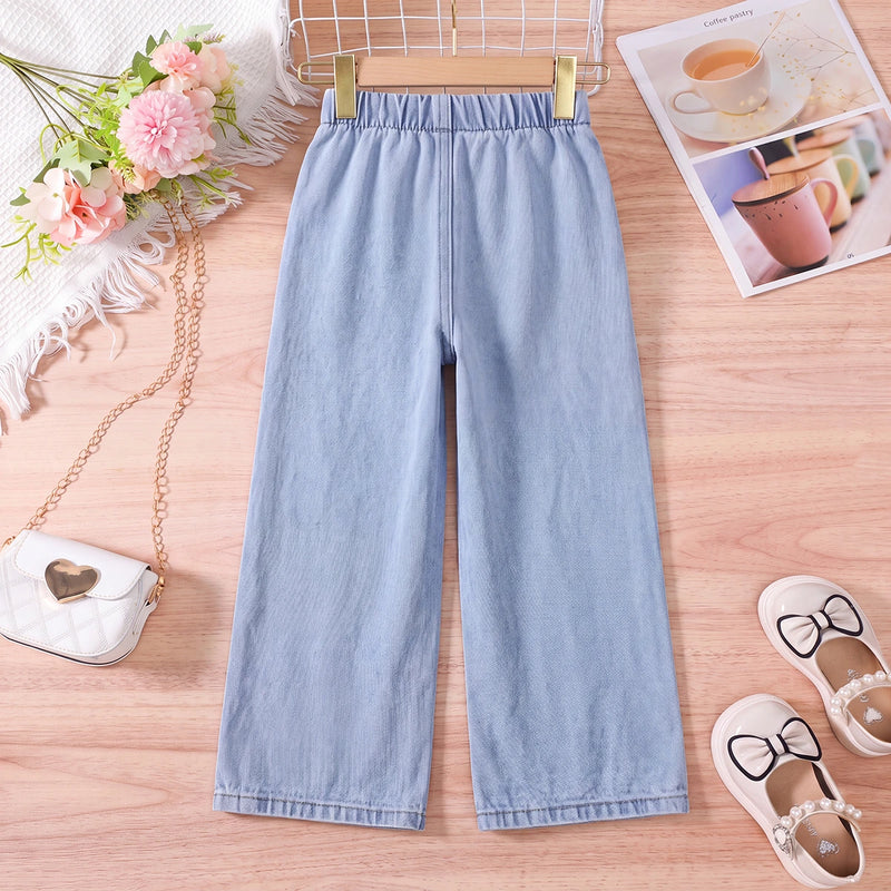 Girls Light Blue Floral Embroidered Relaxed Fit Denim Jeans Pants