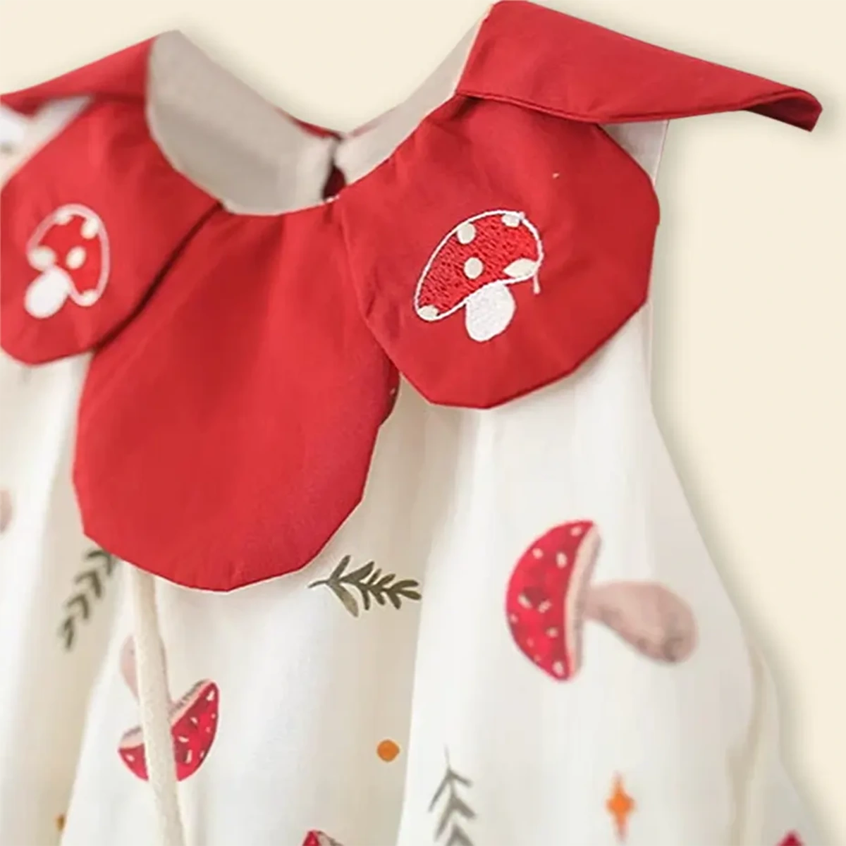 Girls Off White Printed Mushroom Theme Sleeveless A-line Dress Casual Dresses