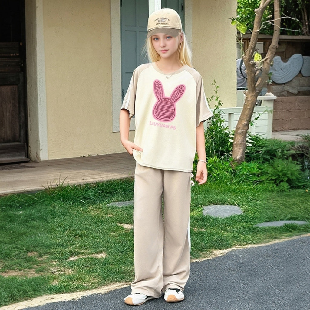 Girls Khaki Rabbit Printed Summer T-Shirt With Track Pants Set 2 pc. Sets