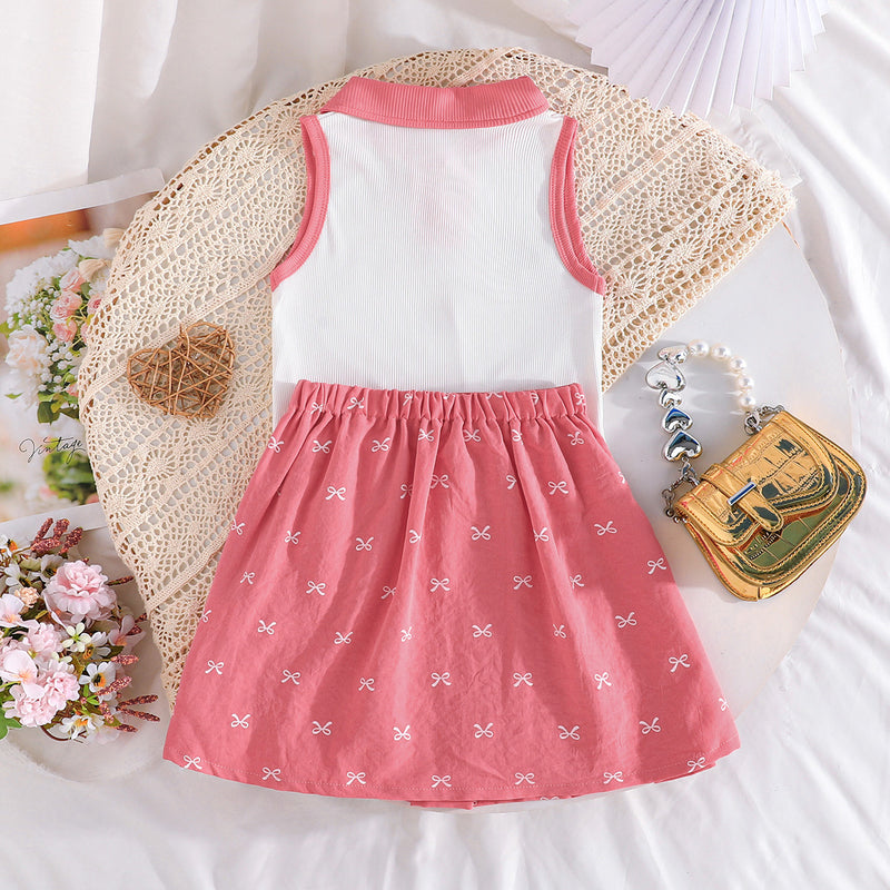 Girls Sleeveless Polo Collar Top With Pink Bow Print Pleated Skirt Set 2 pc. Sets