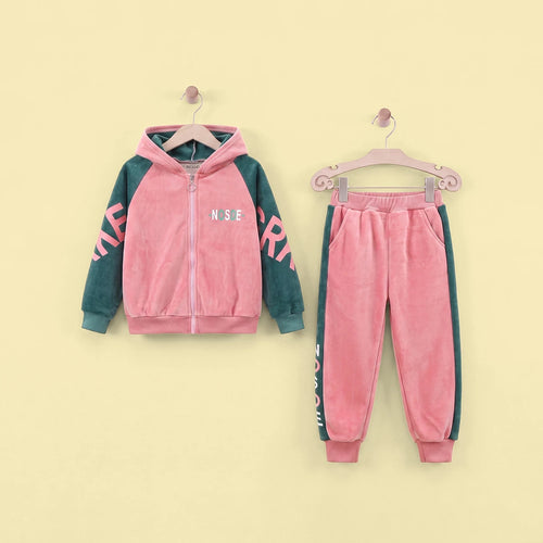Girls Pink Typographic Printed Hooded Zipper Jacket With Jogger Sets Sets Pink 5-6 Y