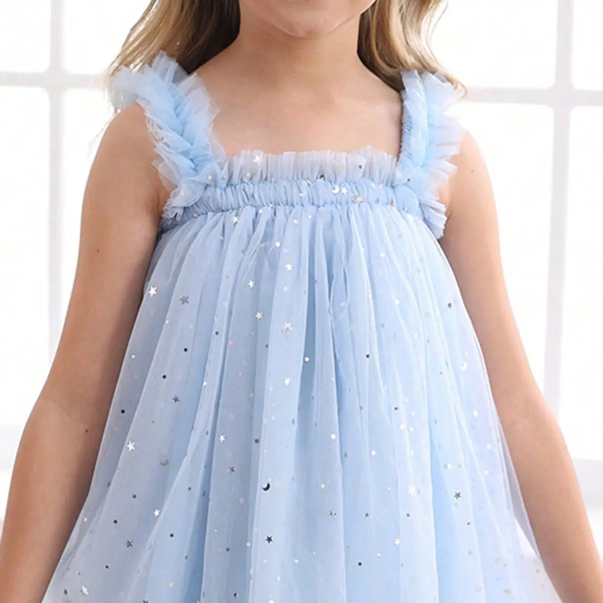 Girls Sky Blue Polka Dot Print Tulle Overlay Sleeveless A-line Dress Casual Dresses