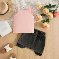 Girls Pink 3D Flower Applique Sleeveless Top With Denim Skirt Sets Sets
