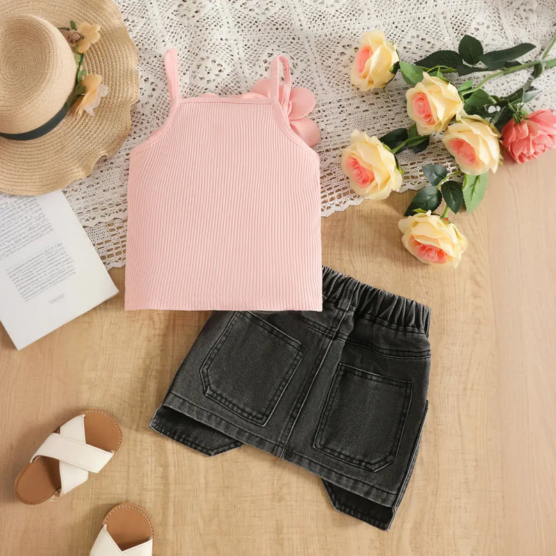Girls Pink 3D Flower Applique Sleeveless Top With Denim Skirt Sets Sets