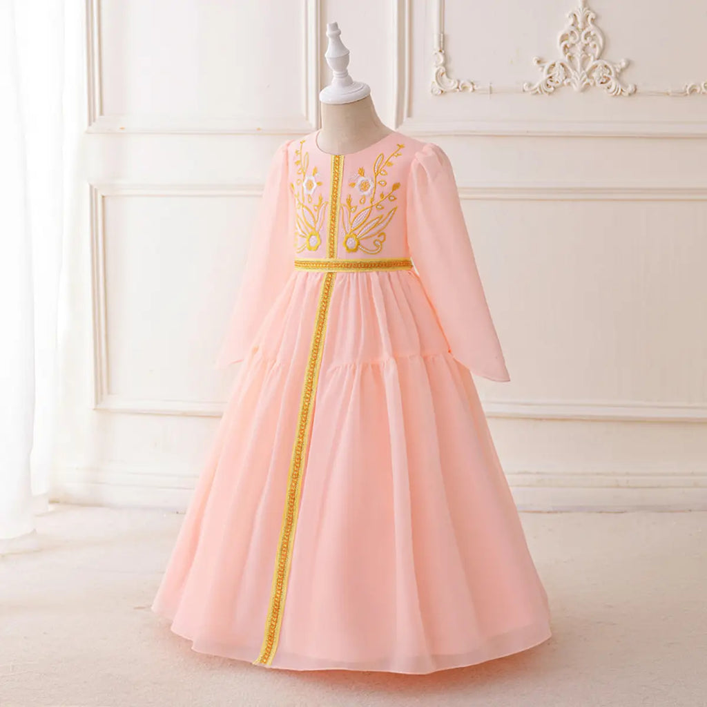 Girls Pink Embroidered Fit & Flare Dress Long Sleeves Casual Dresses
