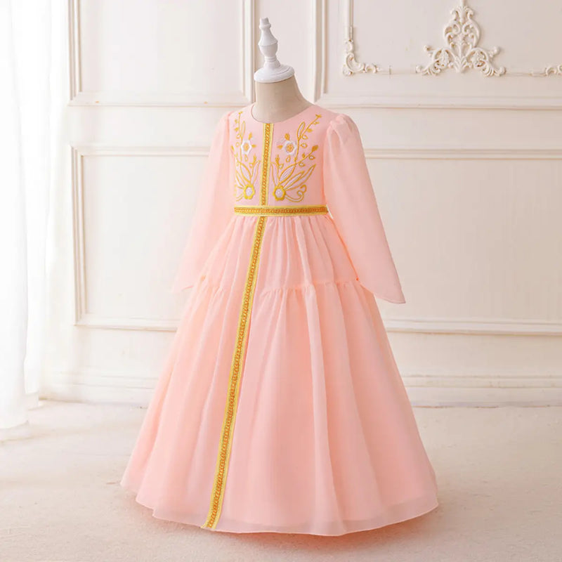 Girls Pink Embroidered Fit & Flare Dress Long Sleeves Casual Dresses