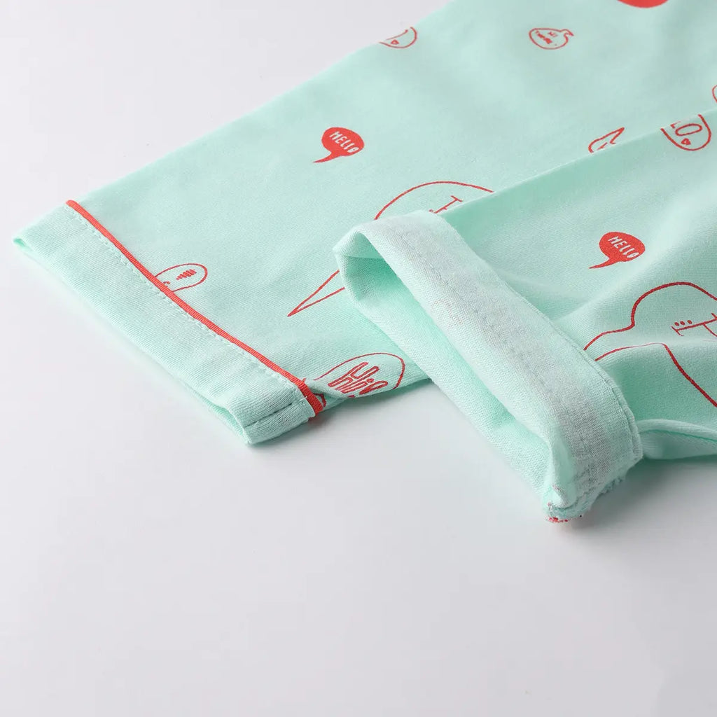 Girls Sky Blue Typographic Printed Short Sleeve Shirt With Printed Pyjama Sets Sets