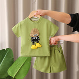 Boys Green Cartoon Patched Short Sleeves T-Shirt With Shorts Set