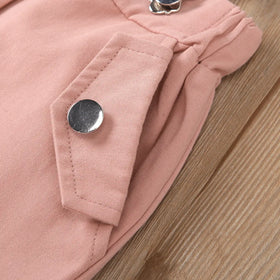 Girls Schiffli Flutter Sleeves Top With Peach Suspenders Skorts Sets Sets