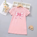 Girls Pink Bow Graphics Short Sleeve T-Shirt Dress Casual Dresses Pink 4-5 Y