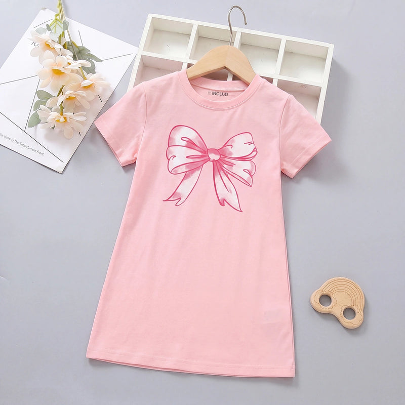 Girls Pink Bow Graphics Short Sleeve T-Shirt Dress Casual Dresses Pink 4-5 Y