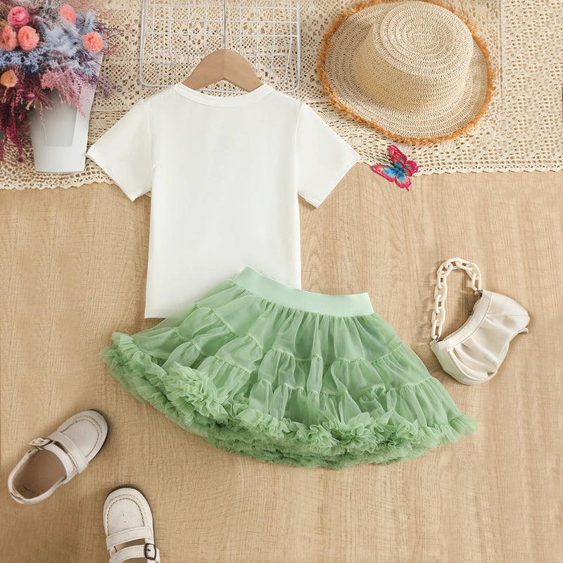 Girls White Butterfly Applique Short Sleeve T-Shirt With Skirt Sets 2 pc. Sets