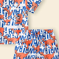 Boys Multicolor Dinosaur Print Button-Down Shirt With Shorts & Hat Co-ord Sets Sets