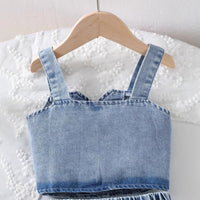 Girls Blue Cherry Embroidered Sleeveless Denim Crop Top with Pleated Skirt Sets 2 pc. Sets