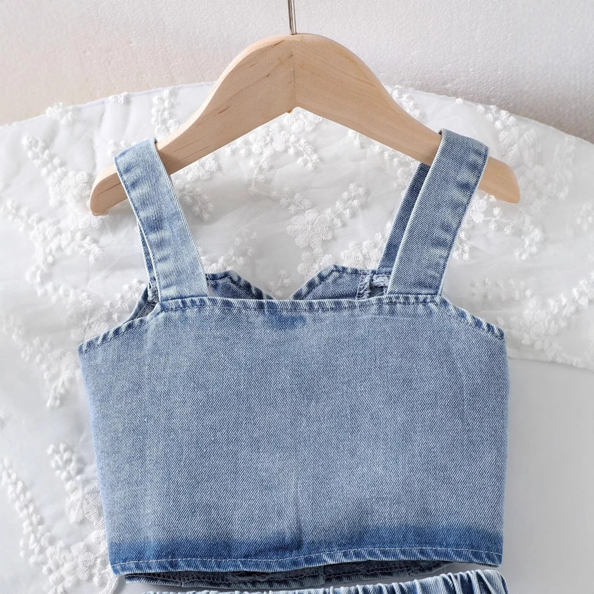 Girls Blue Cherry Embroidered Sleeveless Denim Crop Top with Pleated Skirt Sets 2 pc. Sets