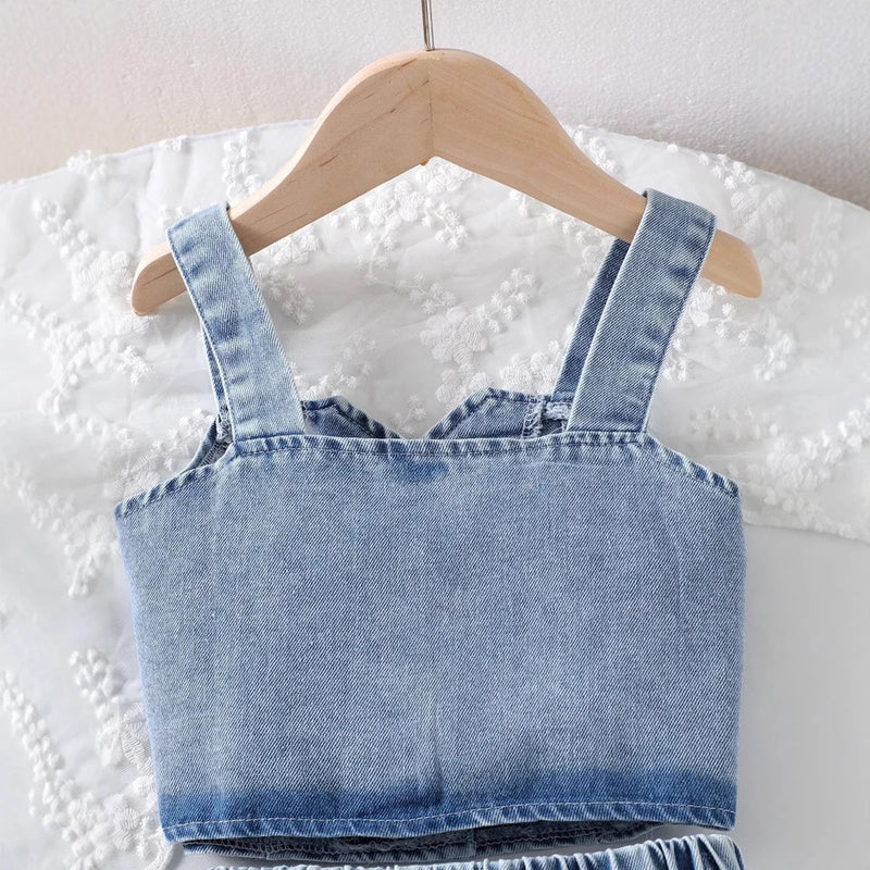 Girls Blue Cherry Embroidered Sleeveless Denim Crop Top with Pleated Skirt Sets 2 pc. Sets