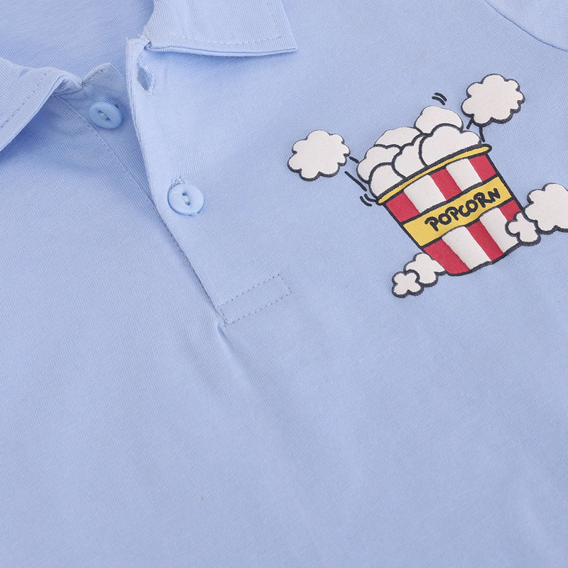 Boys Blue Popcorn Graphic Polo T-shirt With Drawstring Shorts Sets Sets