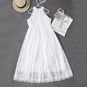 Girls White Halter Neck Embroidered Fabric Dress Casual Dresses