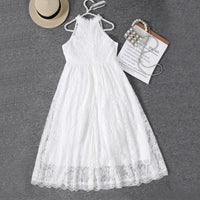 Girls White Halter Neck Embroidered Fabric Dress Casual Dresses