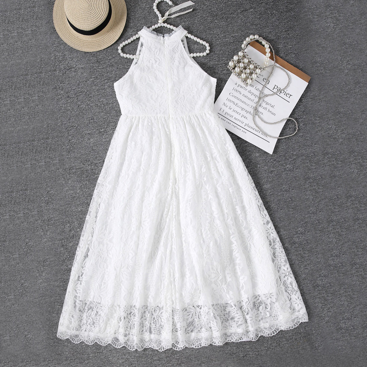 Girls White Halter Neck Embroidered Fabric Dress Casual Dresses