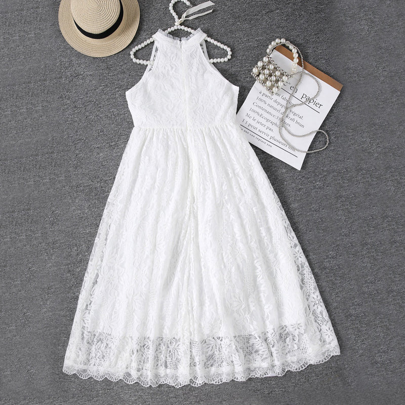Girls White Halter Neck Embroidered Fabric Dress Casual Dresses