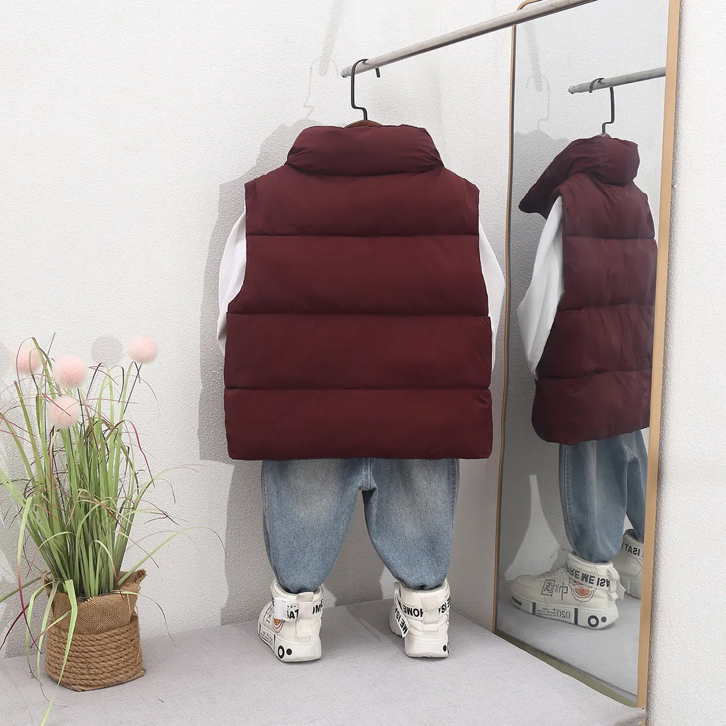 Boys Burgundy Quilted Puffer Zip-up Vest With Stand-up Collar Coats & Jackets