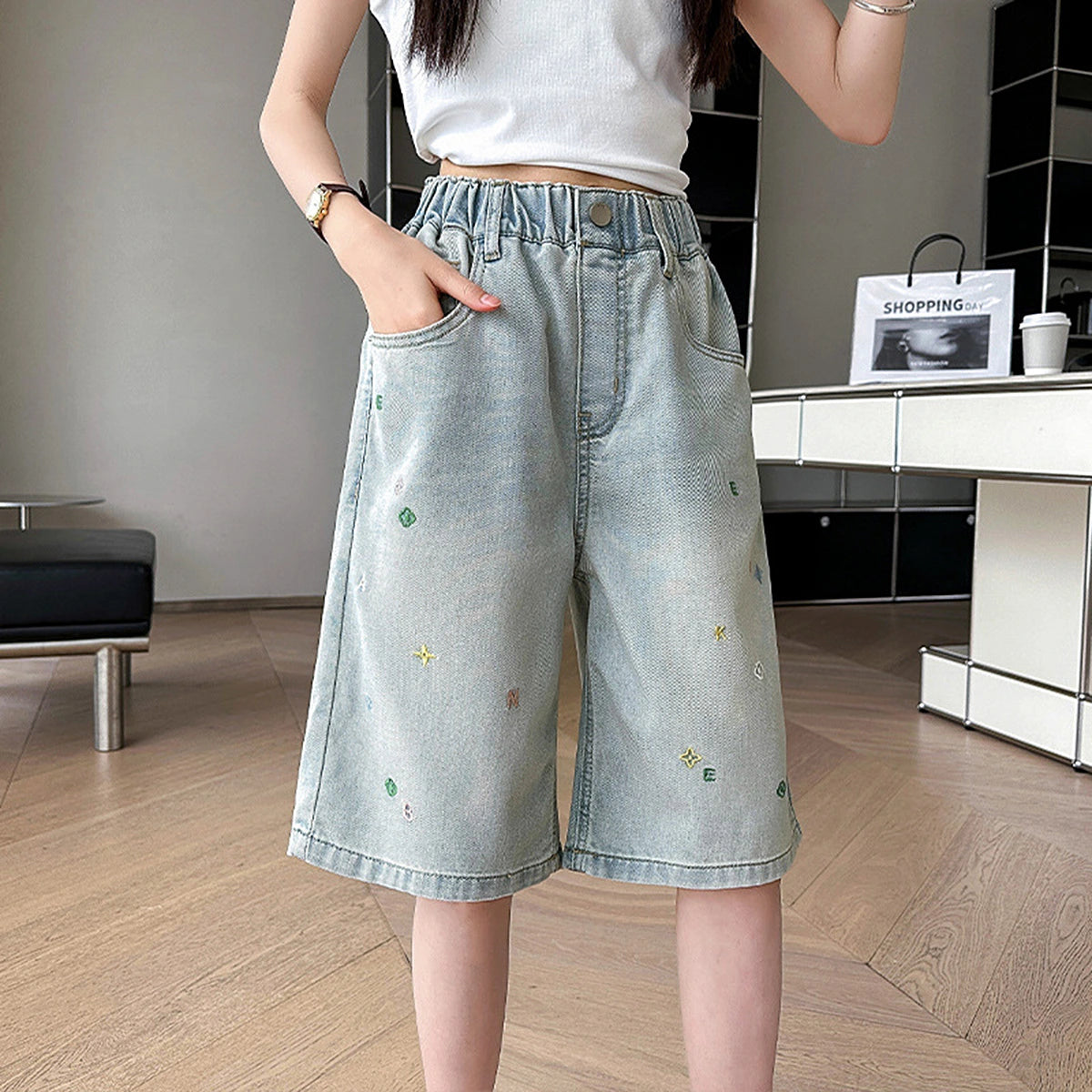 Girls Light Blue Embroidered Relaxed Fit Denim Shorts Shorts