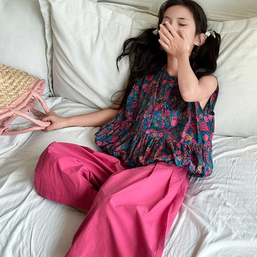Girls Sleeveless Floral Print Top With Pants Set Sets   