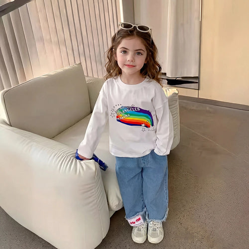 Girls White Typographic Print Long Sleeve T-Shirt With Denim Jeans Sets 2 pc. Sets White 2-3 Y