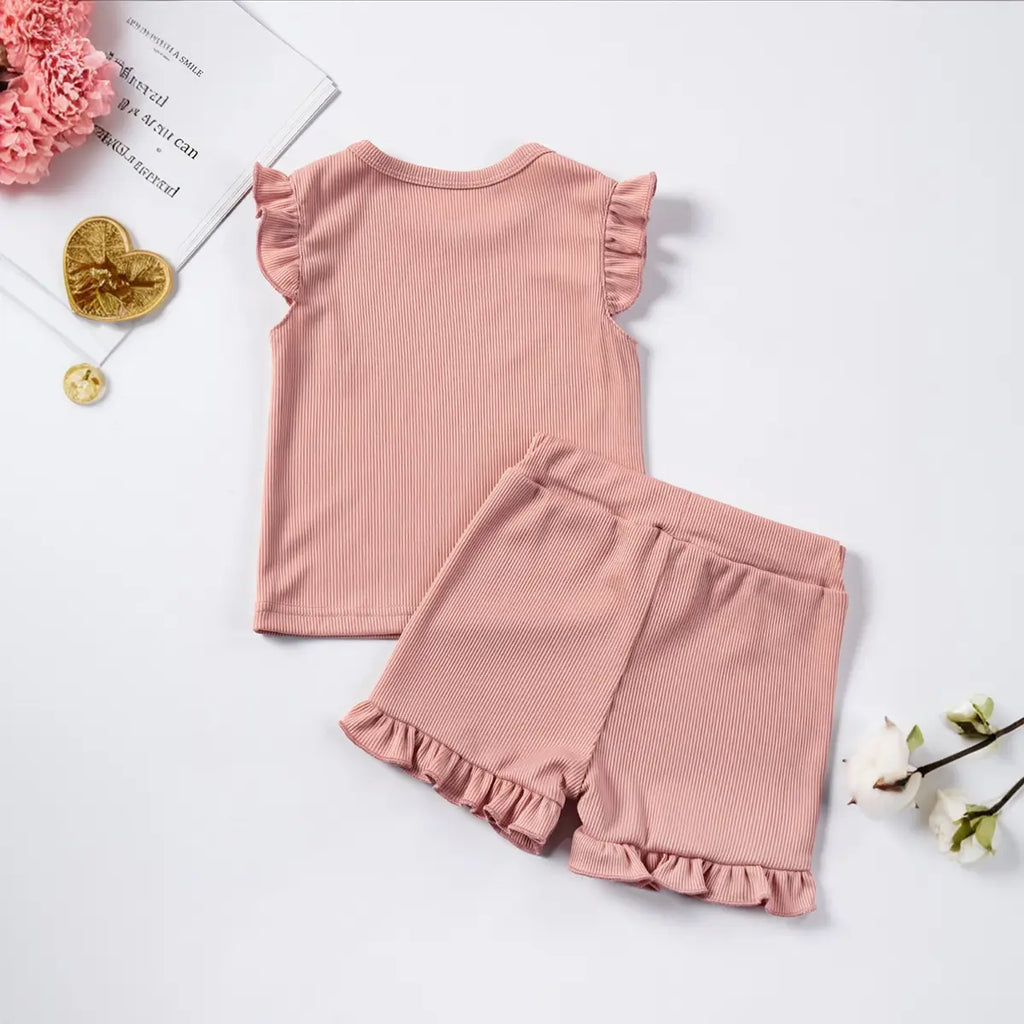 Girls Coral Solid Ribbed Top With Shorts Co-ord Sets Sets