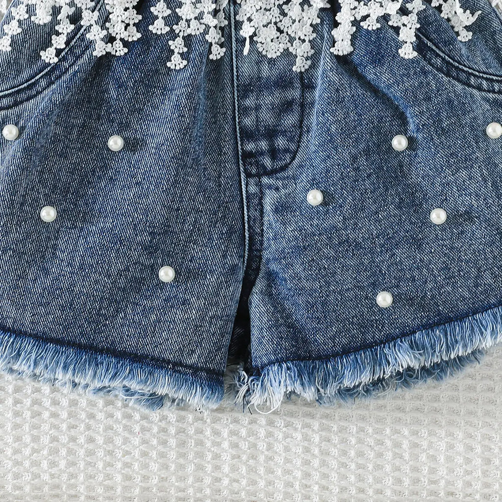 Girls Pink Pearl Bow Lace Top With Denim Shorts Sets Sets