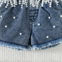 Girls Pink Pearl Bow Lace Top With Denim Shorts Sets Sets