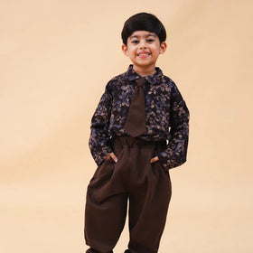 Boys Brown Long Sleeve Printed Shirt With Neck Tie And Pants Set 2 pc. Sets Brown 1-2 Y