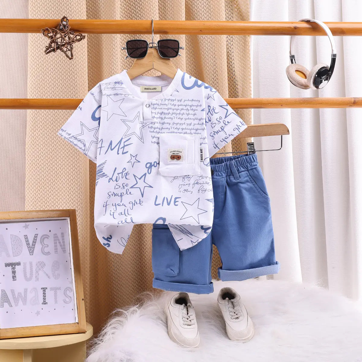 Boys Blue Typographic Short Sleeve T-Shirt With Elasticated Shorts Sets 2 pc. Sets Blue 1-2 Y