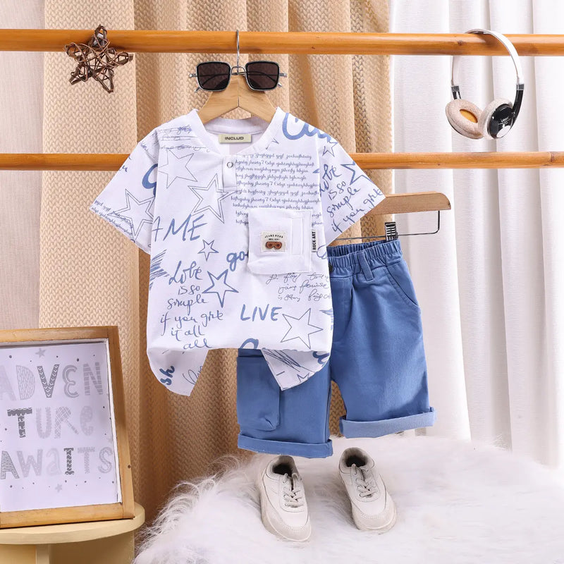 Boys Blue Typographic Short Sleeve T-Shirt With Elasticated Shorts Sets 2 pc. Sets Blue 1-2 Y