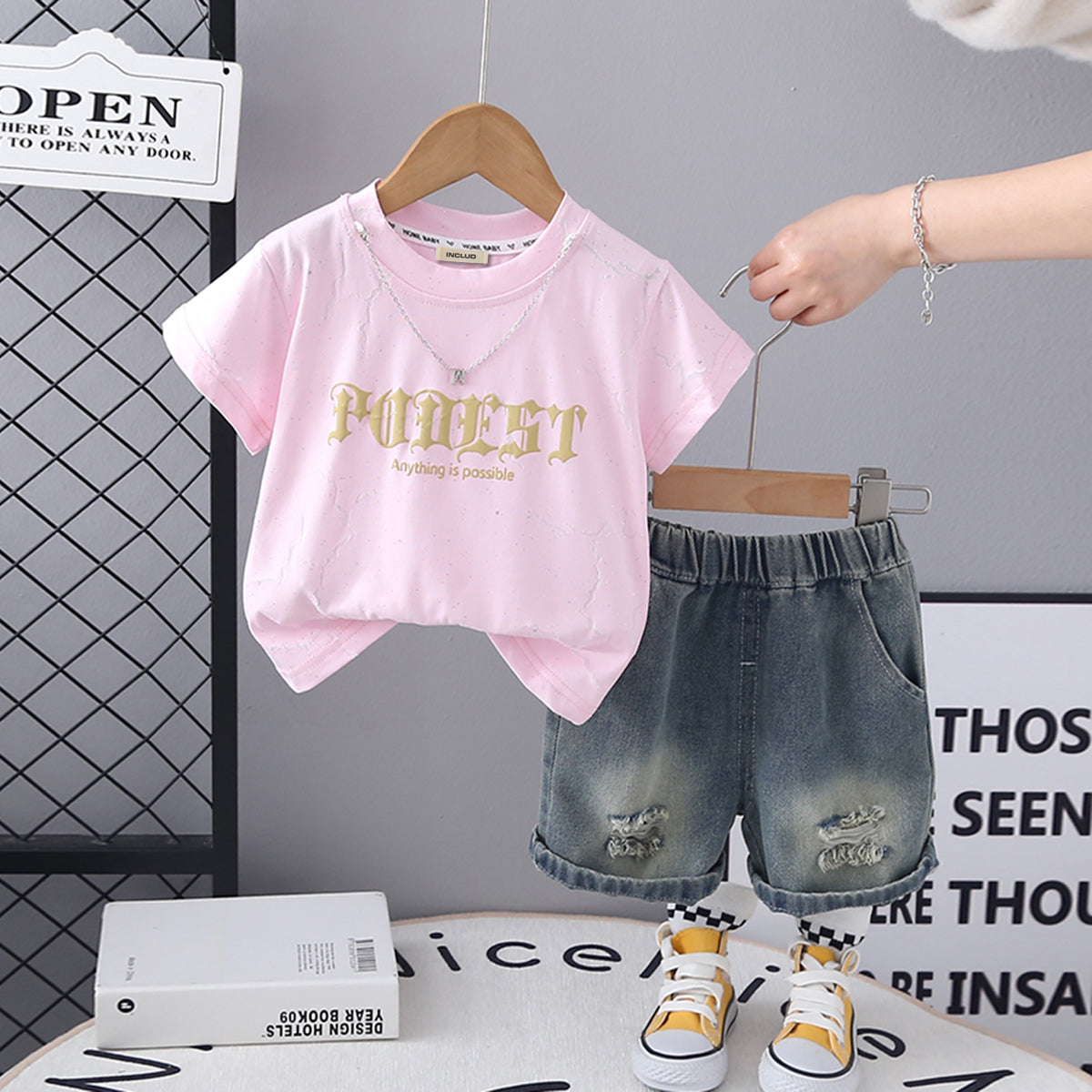 Boys Pink Short Sleeve Printed T-Shirt With Neck Chain And Denim Shorts Set 3 pc. Sets Pink 1-2 Y