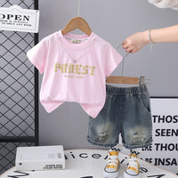 Boys Pink Short Sleeve Printed T-Shirt With Neck Chain And Denim Shorts Set 3 pc. Sets Pink 1-2 Y