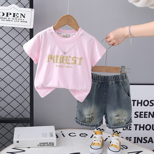 Boys Pink Short Sleeve Printed T-Shirt With Neck Chain And Denim Shorts Set 3 pc. Sets Pink 1-2 Y