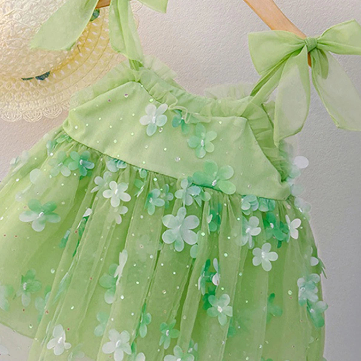 Girls Green Floral Applique Fit & Flare Party Dress Party Dresses