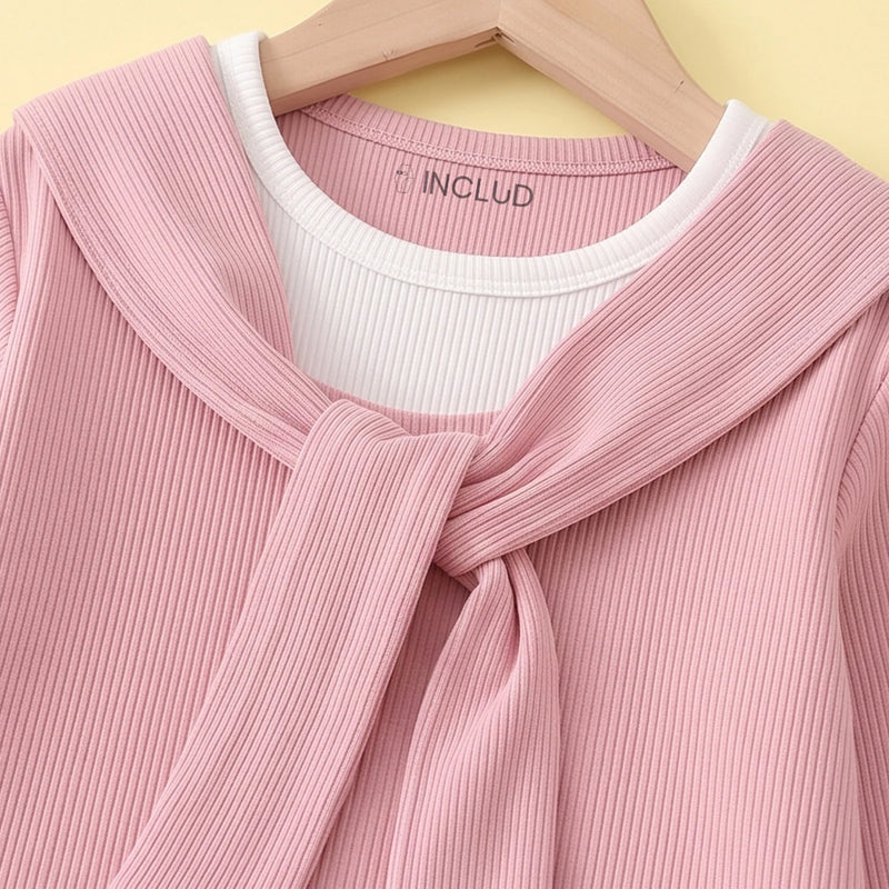 Girls Pink Ribbed Sailor Collar Overlay Top & Pants Co-ord Sets Sets