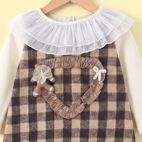 Girls Brown Checked Long Sleeve A-line Dress Casual Dresses