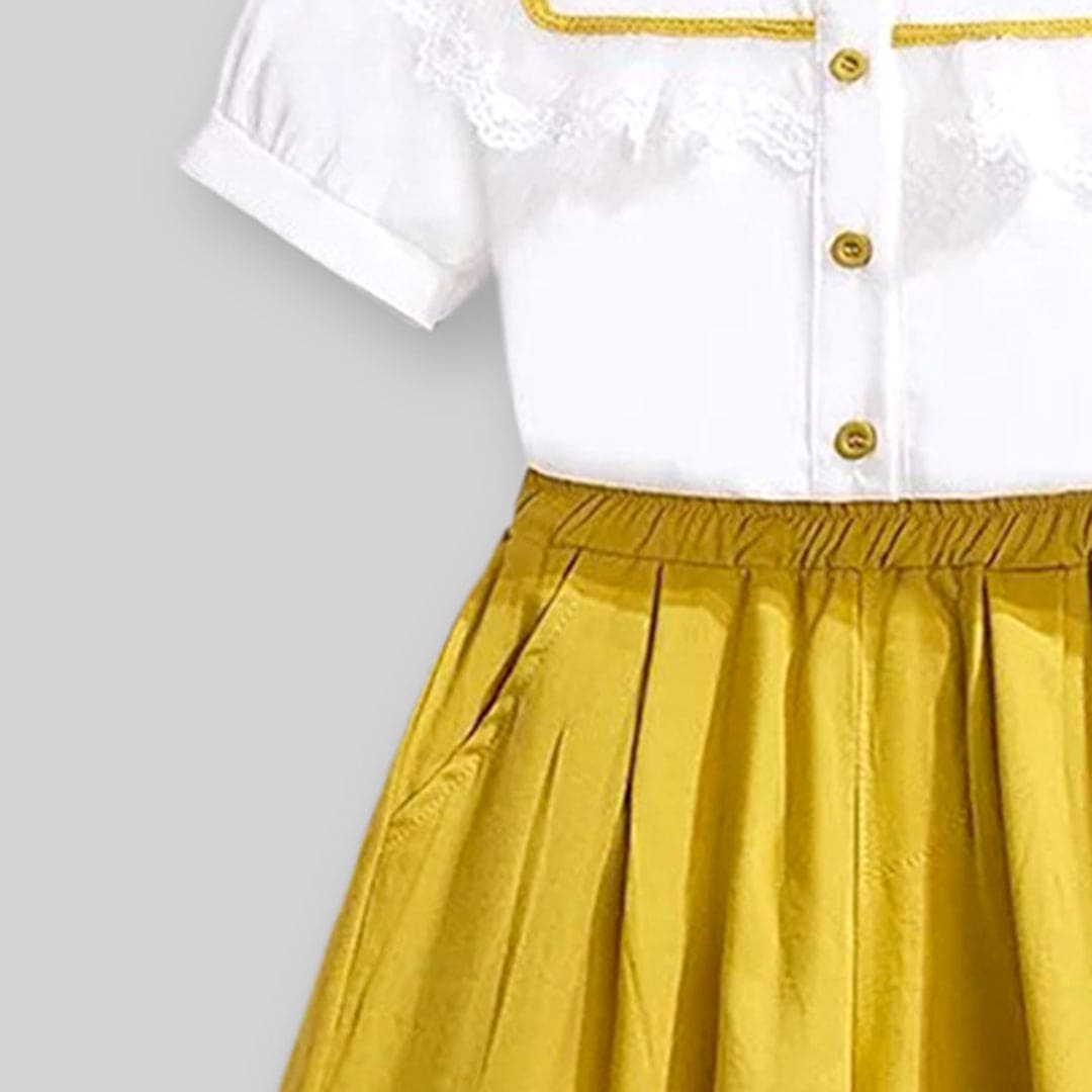 Girls Short Sleeve Peter Pan Collar Lace Top With Shorts Sets   